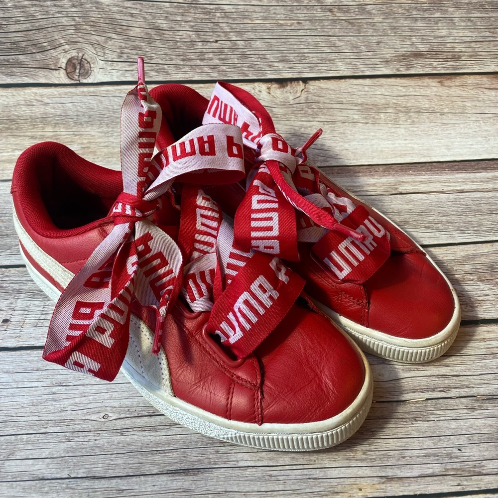 Puma Red Leather Basket Heart Toreador Red Ribbon Sneakers Shoes Size 8
